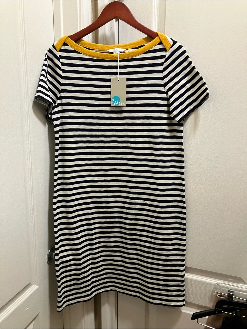 Boden UK  Navy and White Striped Tee Dress with Mustard Neck Trim